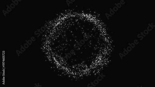 Abstract glowing white particle sphere with scattered light dots forming energy field digital futuristic structure on dark background with depth seamless loop animation 4K high resolution