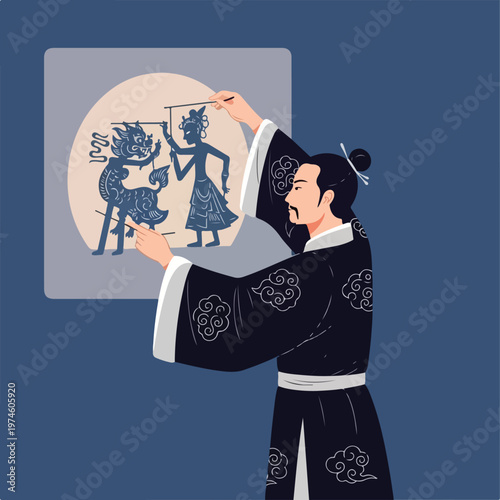 An Asian man performs with traditional shadow puppets on a lit circular screen