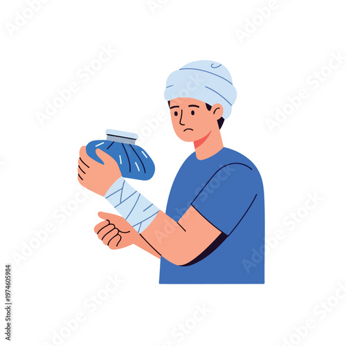 A sad man holding a blue ice pack on his bandaged, injured arm and wearing a hat