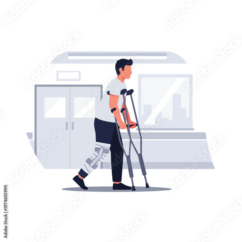 A flat illustration of a man with a leg brace walking using medical crutches