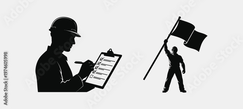 A black silhouette of a determined hiker walking uphill with poles and a heavy backpack gear set