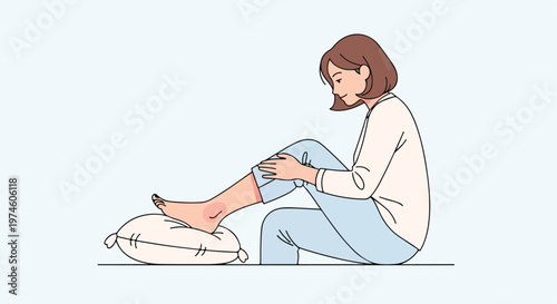 A young woman sitting on the floor touching her swollen and sore painful ankle
