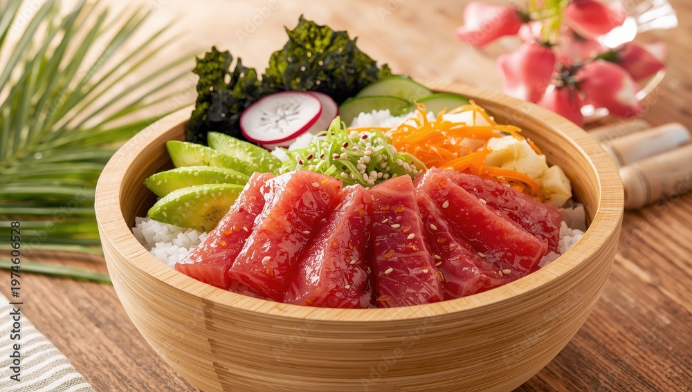 Naklejka premium Poke bowl - classic Hawaiian cuisine