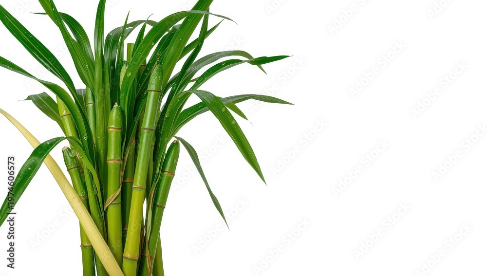 Obraz premium Raw and peeled sugarcane stalks with leaves on white background.