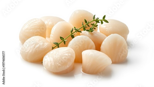 Raw scallops and thyme on white background