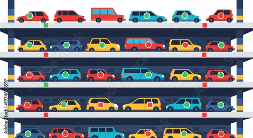 Multilevel Parking Garage Filled With Various Cars.