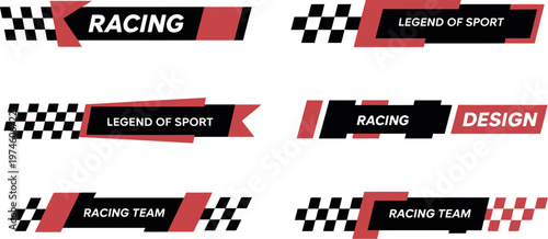 Set of vector racing labels and lower third designs featuring racing flag stickers, bars, and car sticker templates for motorsport and graphic design