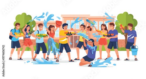 A group of diverse young people having a joyful water fight with guns and buckets
