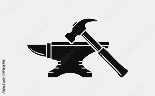 A minimalist black silhouette icon featuring a heavy metal anvil and a claw hammer for repair work