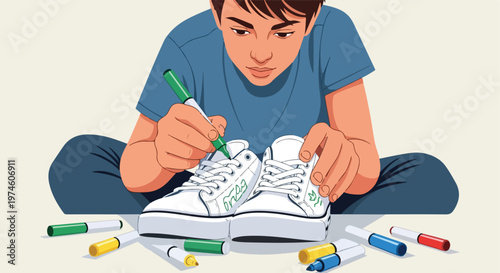 A young person sits on the floor while drawing designs on a pair of sneakers