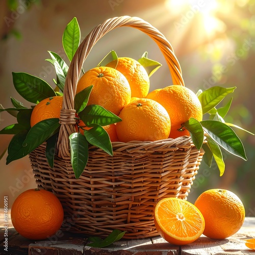 A rustic basket overflowing with ripe oranges and vibrant green leaves, bathed in warm sunlight. One cut open orange