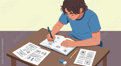 A teenage boy writing in a notebook at a desk with papers and an eraser nearby