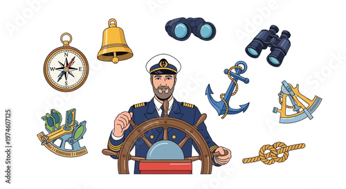Nautical Captain Steering Ship Wheel Surrounded by Maritime Symbols.