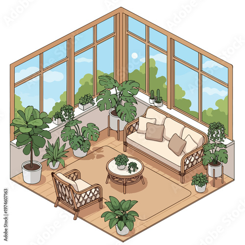 An isometric sunroom featuring rattan furniture and many potted green houseplants