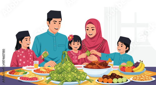 A Muslim family smiling while gathering together for a traditional festive meal