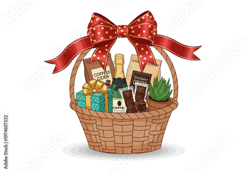 Wicker gift basket with coffee champagne chocolates gift and succulent