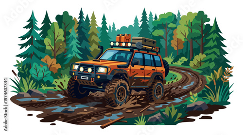 Orange off road vehicle navigating muddy terrain.