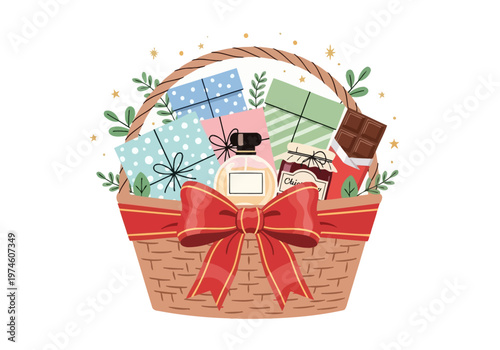 Woven basket filled with gifts perfume jam and chocolate bar tied with a red bow