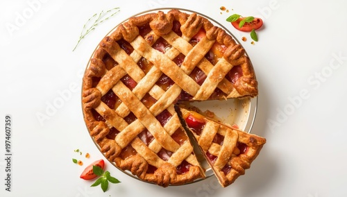 Sliced tasty homemade pie on white background, overhead view.