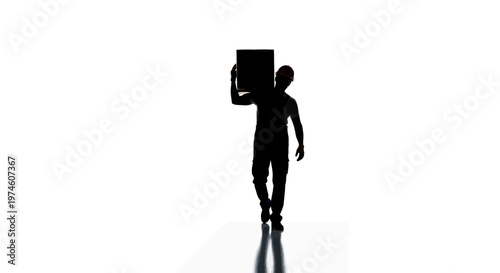 Silhouette of a man carrying a box on his shoulder against a white background