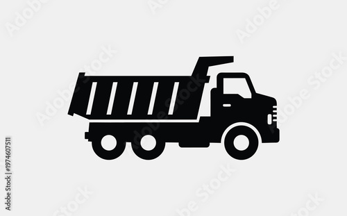 A simple black silhouette icon of a heavy duty dump truck isolated against a light gray background