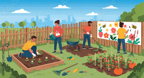 A group of people tending to a community garden with plants and art on a fence