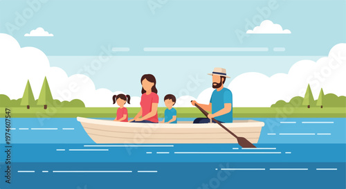A flat vector illustration of a family rowing a boat on a calm, sunny river lake