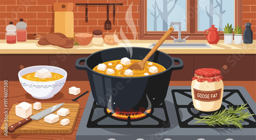 A cast iron pot boils soup with tofu cubes on a kitchen stove with ingredients
