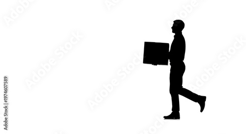 Silhouette of a man carrying a box, walking isolated on white background