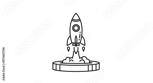 A stylized black outline rocket launches vertically with smoke from a simple circular coin against a pristine white background.