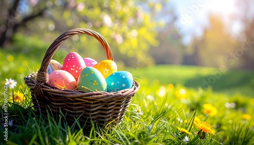 A rustic basket overflows with vibrant, decorated eggs, sitting in a field of green grass with yellow flowers under sunlight