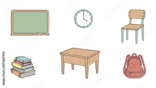 Educational Elements: An assortment of essential school items, including a chalkboard, clock, chair, books, desk, and backpack, are artfully arranged to capture the essence of a classroom setting.
