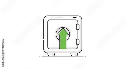 A minimalist line art illustration of a white safe box with a thin black outline and a bold green upward-pointing arrow.
