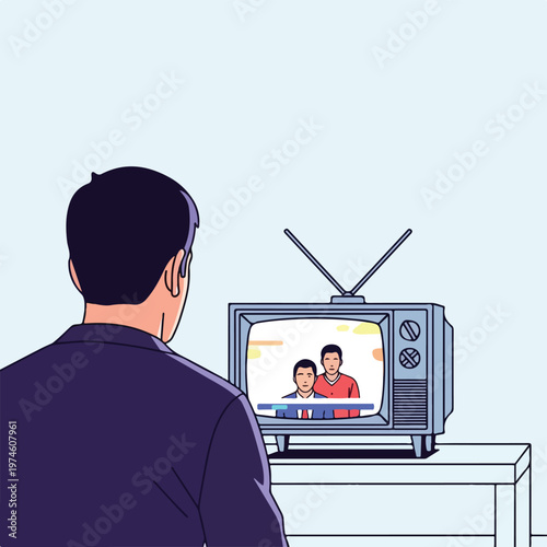 A man viewed from behind sits and watches two people on an old box television