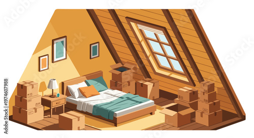 Cozy attic bedroom interior filled with stacked cardboard moving boxes and decor