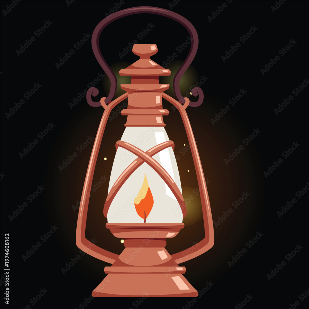 Obraz premium Vintage magic lantern with burning candle, vector cartoon antique hanging bronze holder with handle, kerosene lamp