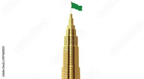 A towering skyscraper meticulously constructed from numerous individual gold bars stands vertically with a vibrant green flag fluttering atop.
