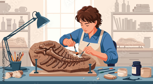 Paleontologist meticulously excavating a dinosaur fossil with tools.