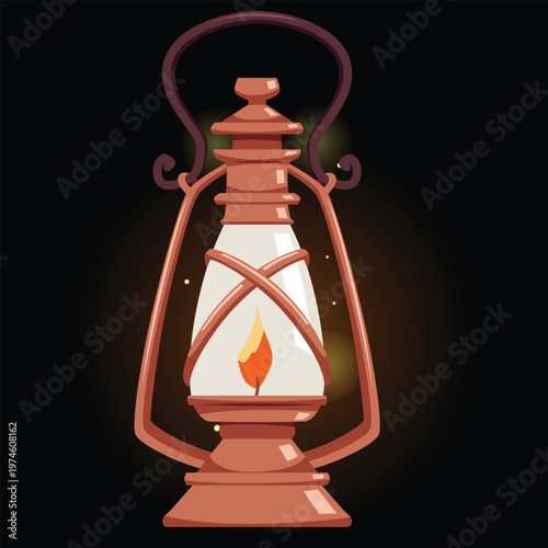 Vintage magic lantern with burning candle, vector cartoon antique hanging bronze holder with handle, kerosene lamp