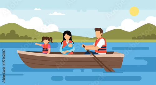 A family with a baby and young daughter rowing a wooden boat on a calm lake