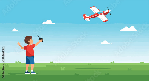 A young boy plays with a red remote-controlled toy airplane in a sunny meadow