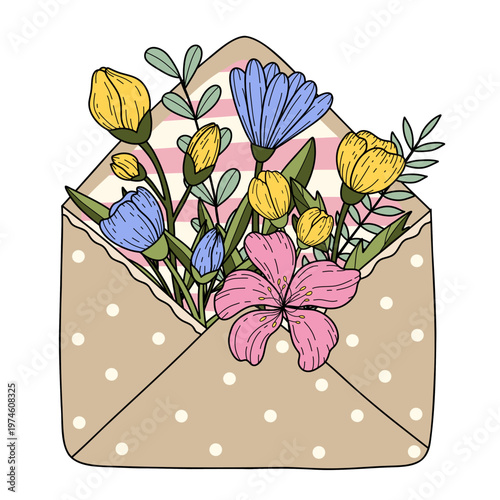 Envelope with doodle spring flowers and greenery inside. Cute hand drawn line illustration for wedding, birthday, woman's day, mother's day greetings.