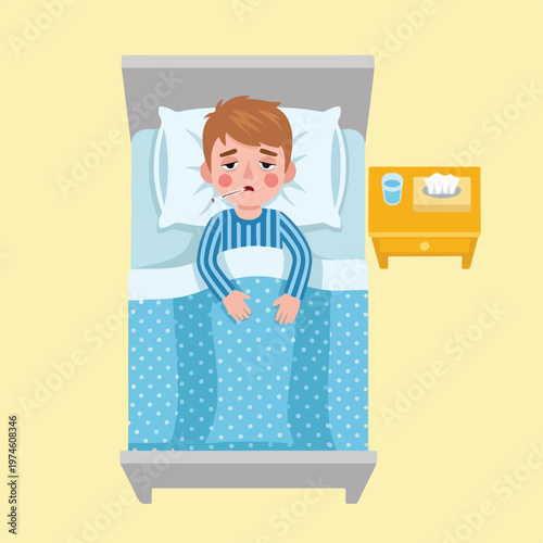 A young boy lying in bed with a fever, wearing pajamas and holding a thermometer