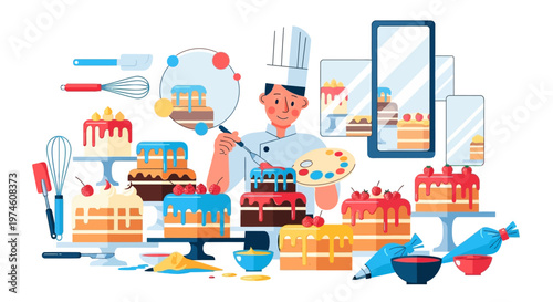 Pastry chef decorating elaborate cakes with artistic flair.