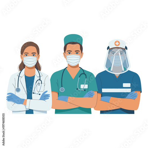 Medical Heroes Unite: A dedicated medical team stands united, embodying resilience and care, each individual masked and prepared to combat and care for those in need.
