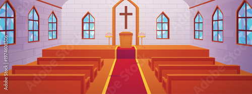 Catholic church or chapel interior with altar wooden benches, red carpet, arch stained glass windows and candles vector
