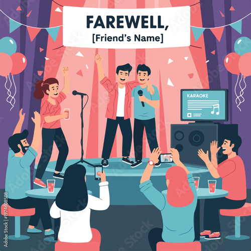 People celebrating at a farewell karaoke party with drinks and music on a stage