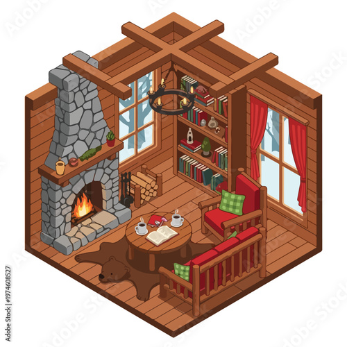 Isometric illustration of a cozy wooden cabin interior with a stone fireplace
