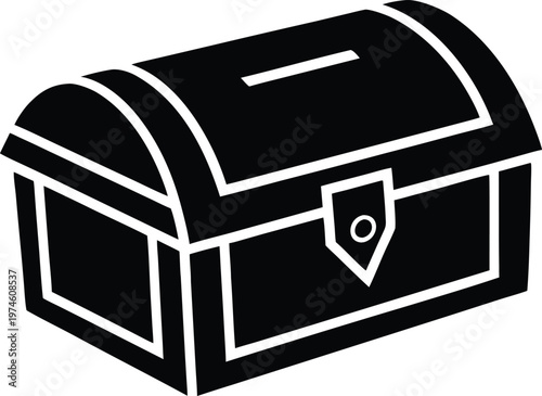 Flat black treasure chest with coin slot vector icon