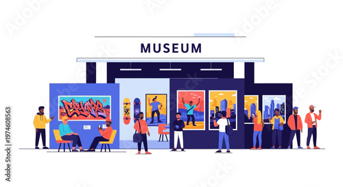 People admiring art inside a modern museum exhibition.